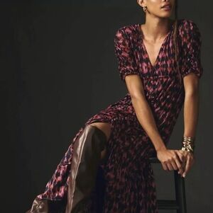 Women's Anthropologie Pink & Black Ikat Print Maxi Dress M